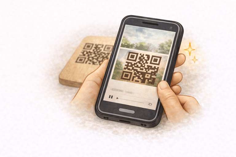 Skenování QR kódu z dřevěné desky pomocí mobilního telefonu