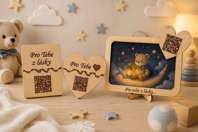 Gravírovaná destička a fotorámeček s QR kódem na pohádku na míru