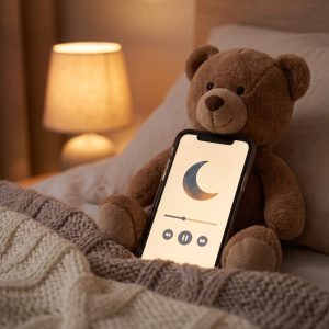 Telefon s přehrávanou pohádkou opřený o plyšového medvídka